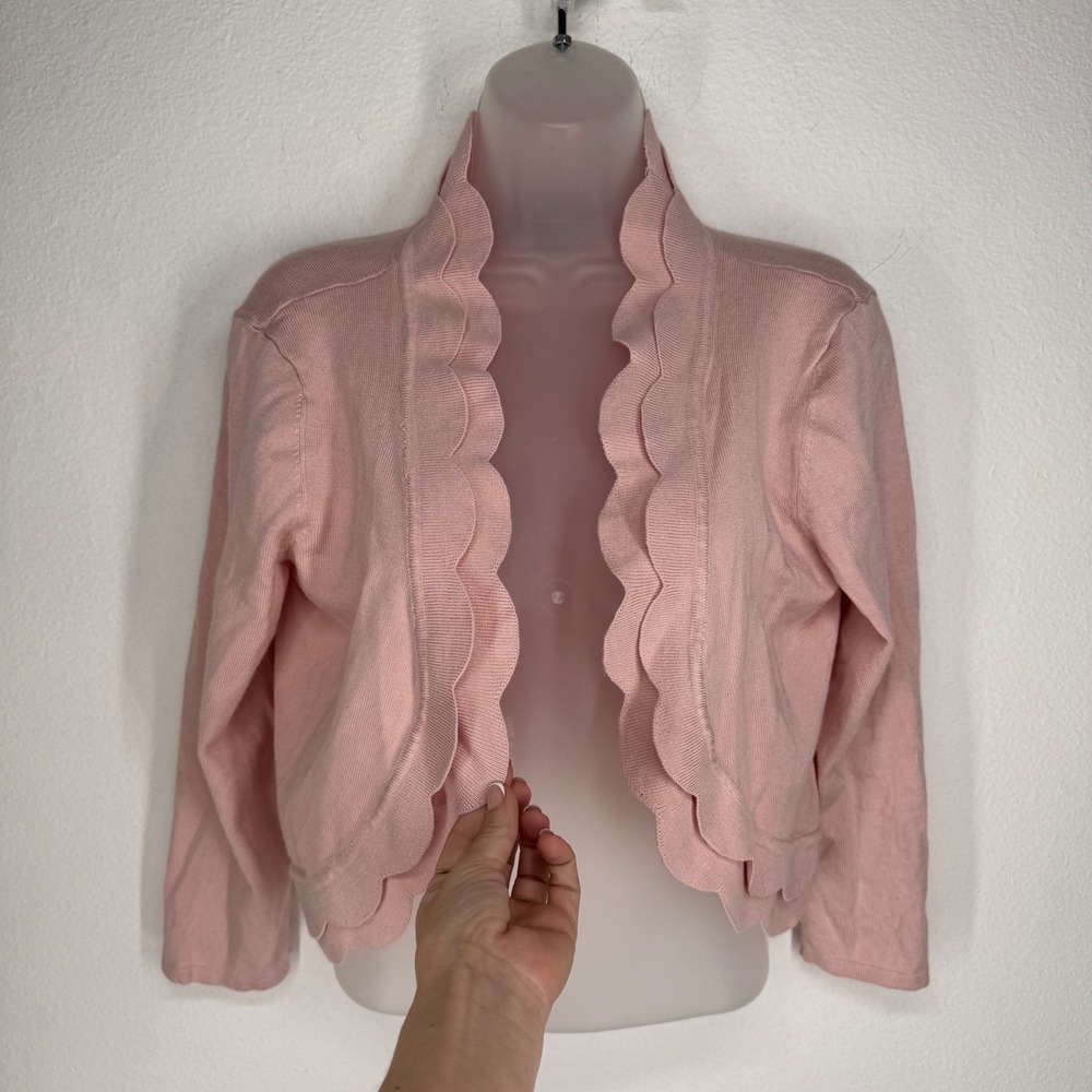Vintage Bolero Scalloped Cropped Knit Shrug Cardigan Size L Pink Y2K Coquette